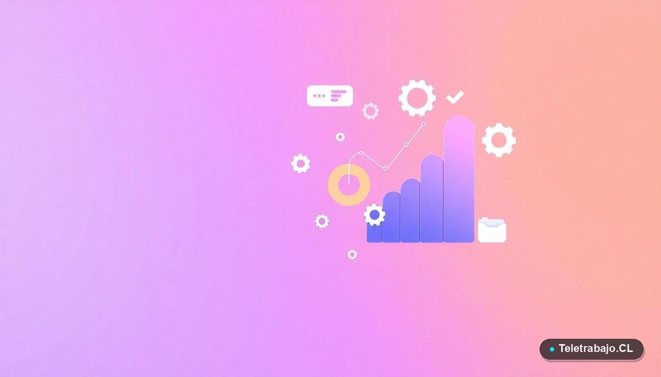 Composición abstracta de interfaz de usuario con gráficos, engranajes y carpetas flotantes en estilo ilustración plana, sobre fondo degradado lila y durazno. Concepto de gestión y productividad laboral.