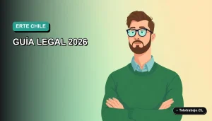 Ilustración vectorial plana de un trabajador masculino con suéter verde y camisa, sobre fondo degradado azul verdoso, representando dudas laborales durante un ERTE en Chile.