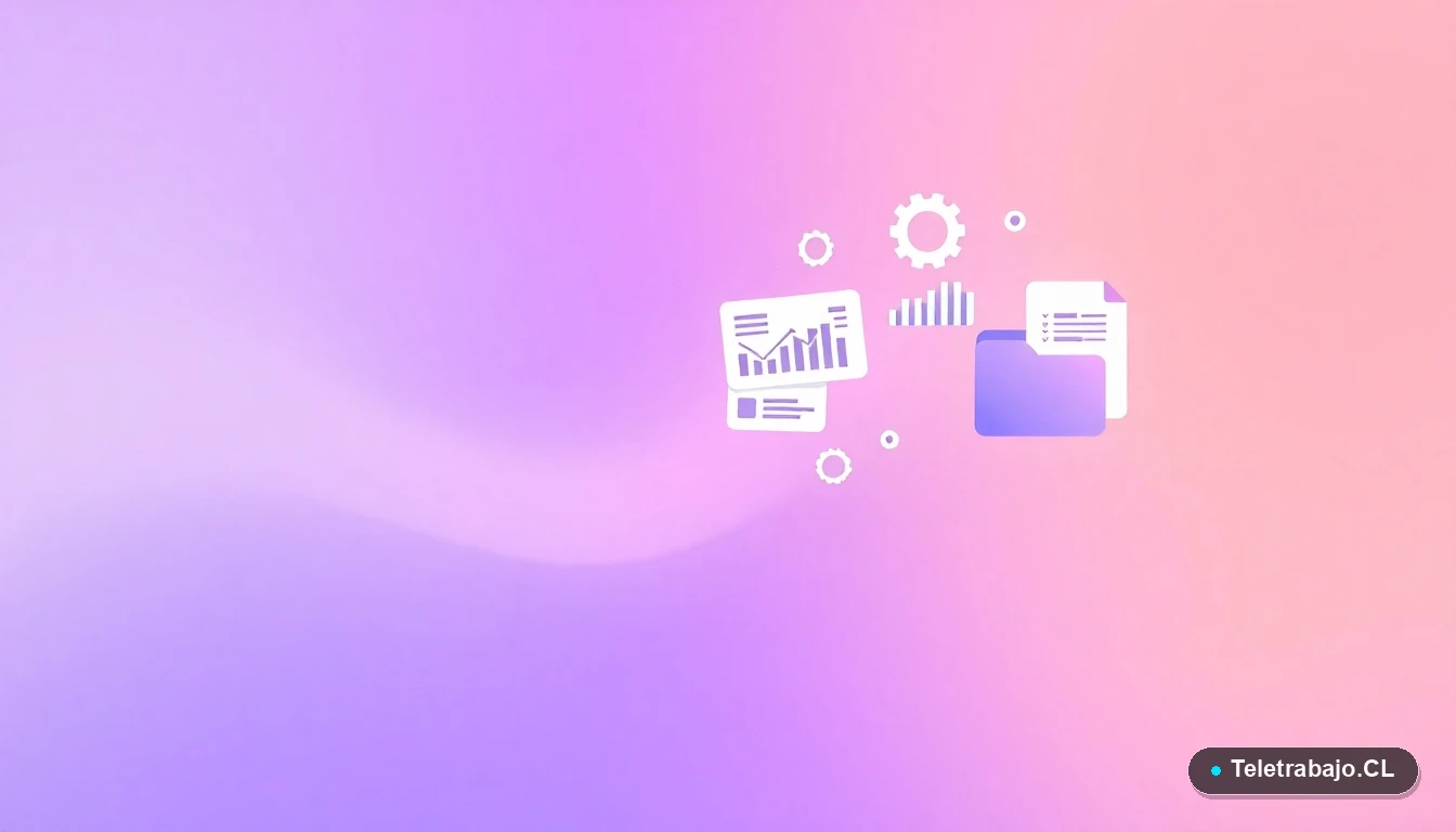 Elementos de interfaz de usuario abstractos, gráficos y engranajes flotantes en estilo vectorial plano, sobre fondo degradado lila, concepto de gestión laboral y legal.