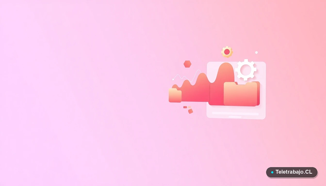 Elementos de interfaz de usuario abstractos y modernos, gráficos y carpetas flotantes, representando el trabajo digital remoto.