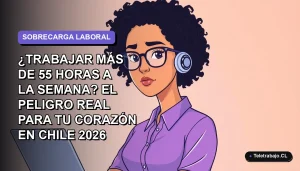 Ilustración vectorial plana de una trabajadora remota con expresión de estrés, fondo degradado lavanda y azul, sobrecarga laboral y salud del corazón.