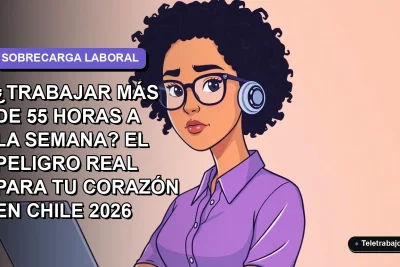 Ilustración vectorial plana de una trabajadora remota con expresión de estrés, fondo degradado lavanda y azul, sobrecarga laboral y salud del corazón.