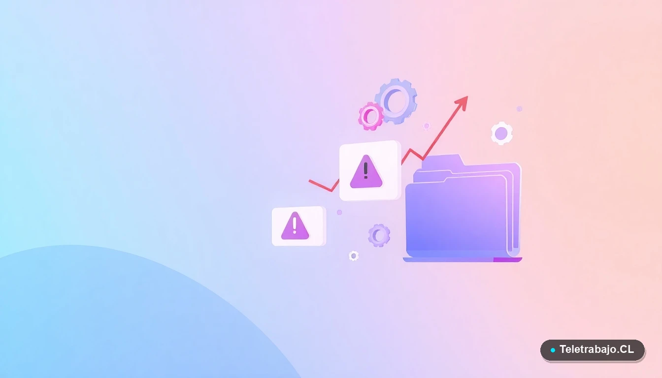 Elementos de interfaz de usuario abstractos: gráficos en rojo, engranajes y carpetas, representando datos de riesgo de salud por exceso de trabajo, fondo degradado menta.