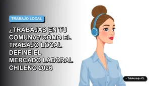 Ilustración vectorial plana de una mujer trabajadora remota con blusa azul y pelo recogido, sobre un fondo degradado azul y blanco. Espacio negativo a la izquierda.