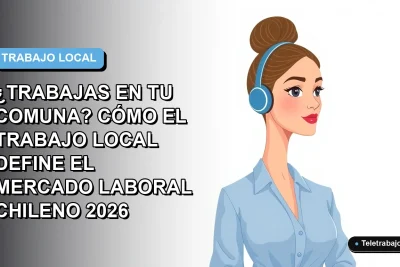 Ilustración vectorial plana de una mujer trabajadora remota con blusa azul y pelo recogido, sobre un fondo degradado azul y blanco. Espacio negativo a la izquierda.