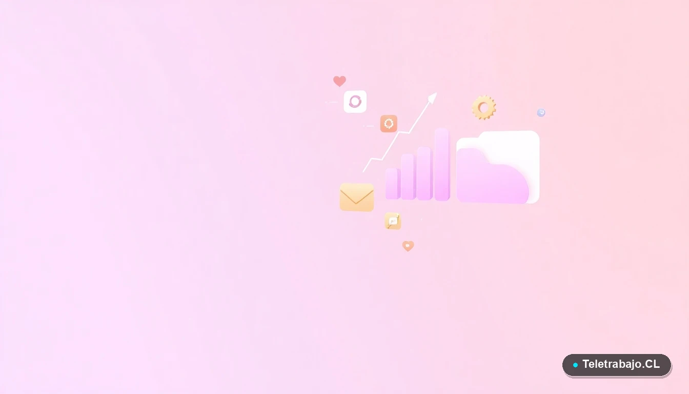 Composición abstracta de interfaz de usuario con gráficos flotantes, engranajes y carpetas en tonos lavanda y durazno, sobre fondo degradado. Concepto de datos y tecnología laboral.