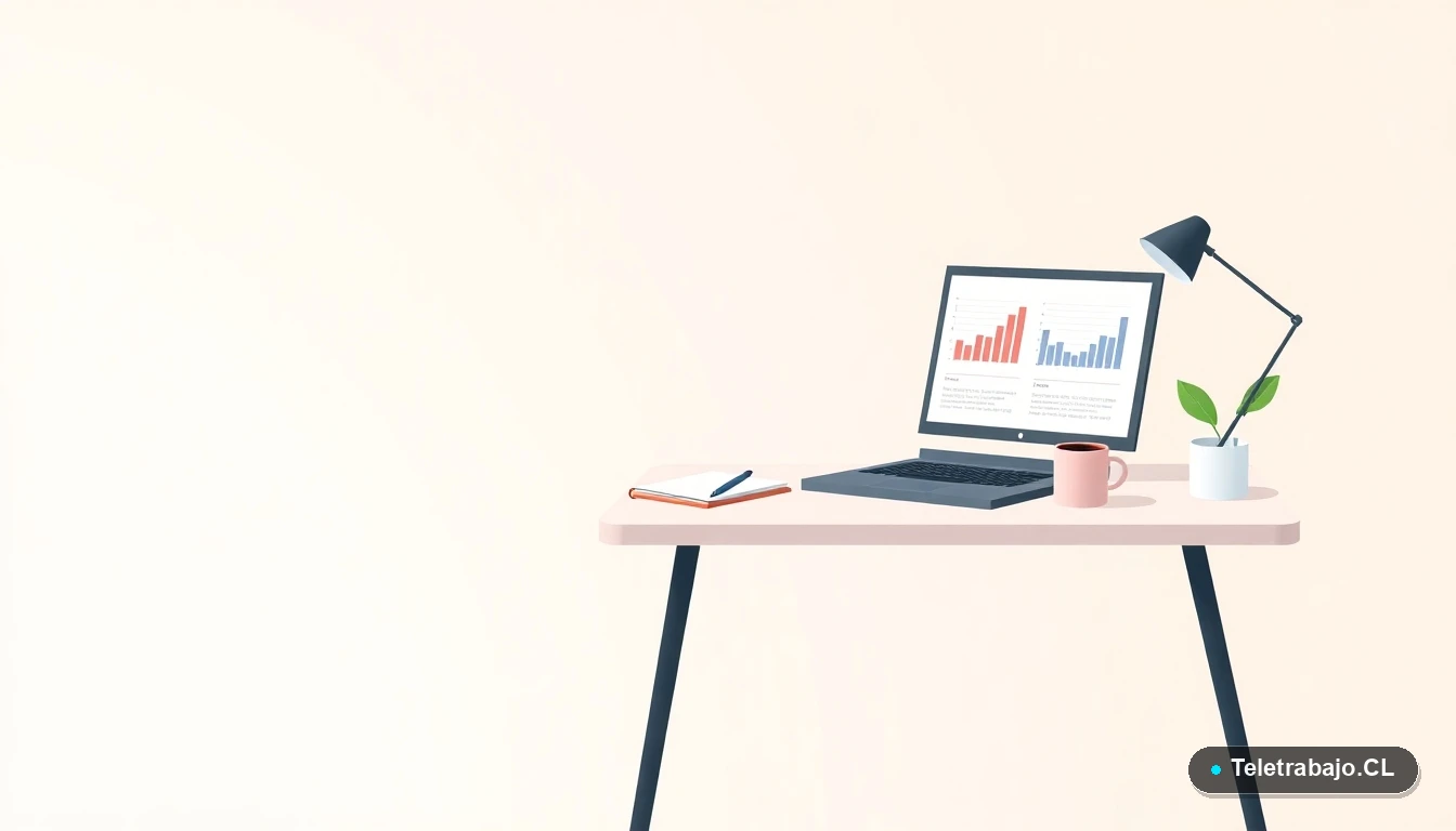 Escritorio moderno minimalista con laptop, gráficos, planta y taza de café, sobre fondo degradado menta, concepto de espacio de trabajo.