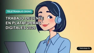 Ilustración vectorial plana de una trabajadora remota sonriente, con blusa azul y pelo corto, sobre un fondo degradado suave en tonos verdes y azules. La imagen representa el trabajo decente en la era digital.