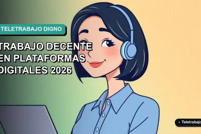 Ilustración vectorial plana de una trabajadora remota sonriente, con blusa azul y pelo corto, sobre un fondo degradado suave en tonos verdes y azules. La imagen representa el trabajo decente en la era digital.