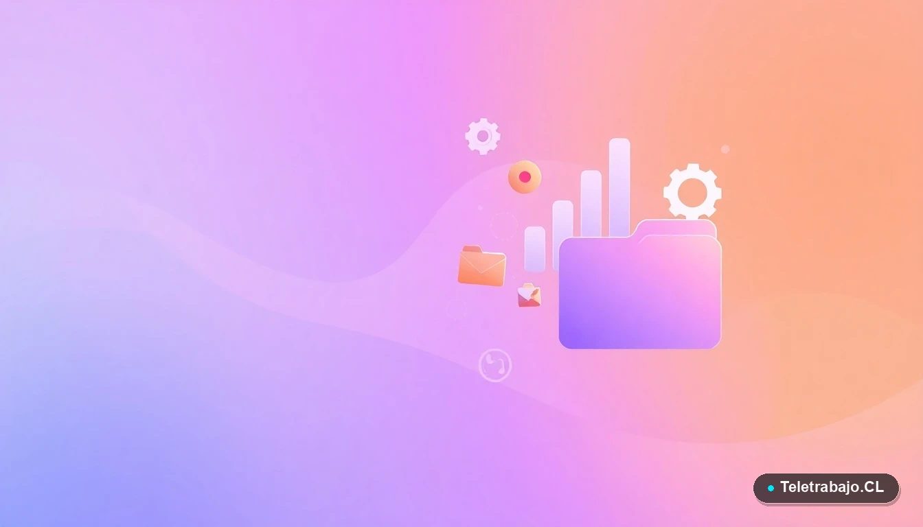 Composición abstracta de interfaz de usuario digital con gráficos flotantes, un engranaje y carpetas estilizadas en colores lavanda y durazno, sobre un fondo degradado. Representa la tecnología de plataformas laborales.