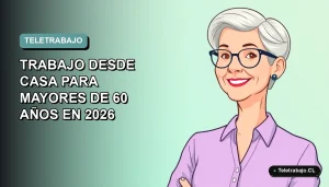 Ilustración plana vectorial de mujer mayor de 60 años trabajando desde casa en 2026, estilo moderno y profesional.