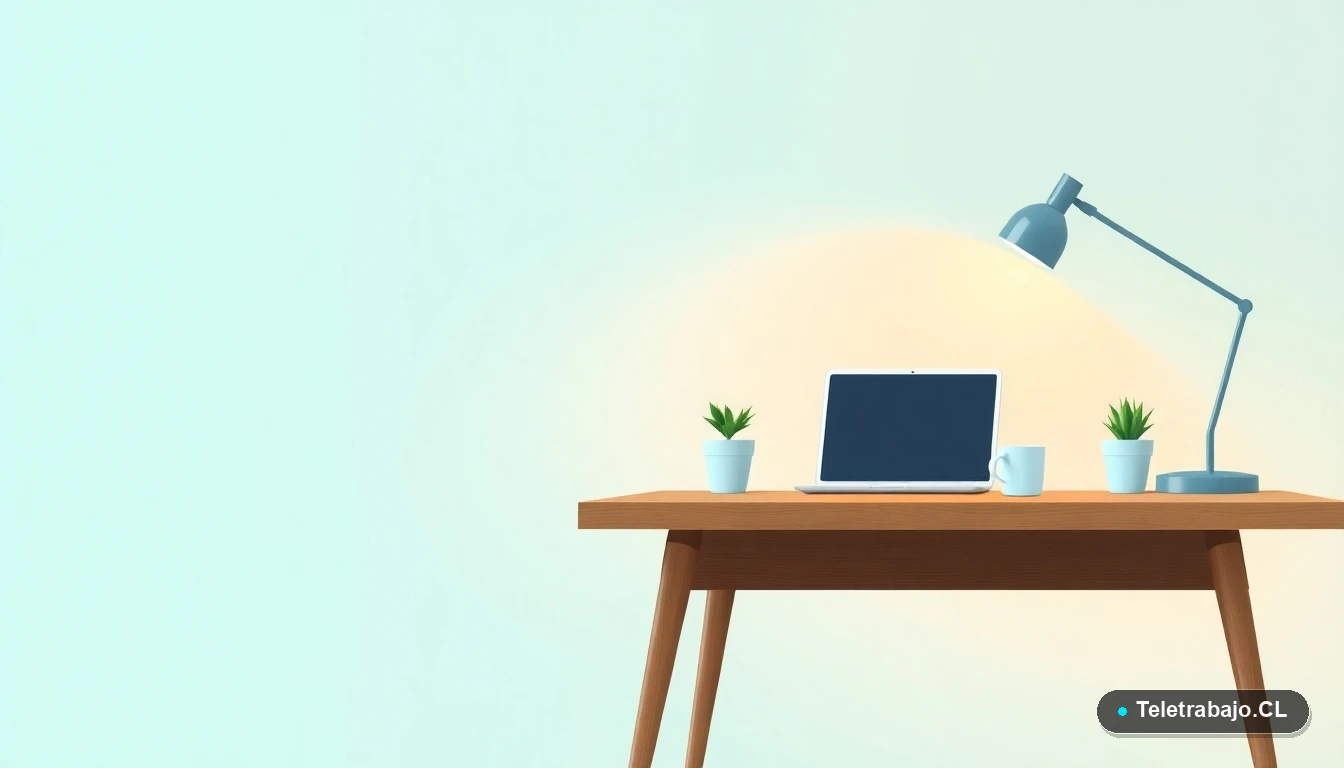 Escritorio moderno para teletrabajo con laptop, taza de café y planta, ilustración plana con fondo degradado.
