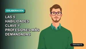 Ilustración plana corporativa de un trabajador remoto masculino con suéter verde, sobre fondo degradado azul y verde, representando el trabajo en equipo en Chile.
