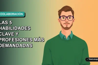 Ilustración plana corporativa de un trabajador remoto masculino con suéter verde, sobre fondo degradado azul y verde, representando el trabajo en equipo en Chile.