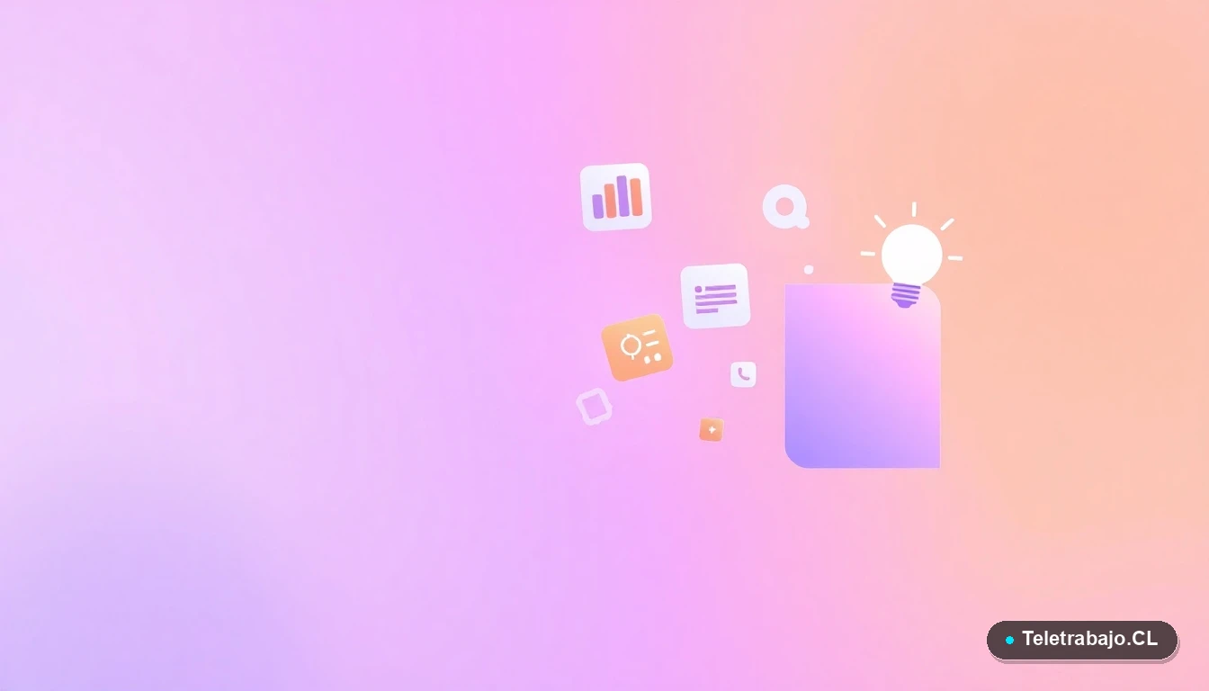 Composición abstracta de interfaz de usuario con gráficos y iconos flotantes en tonos lavanda y durazno, sobre fondo degradado, concepto de tecnología y datos para el trabajo en equipo.