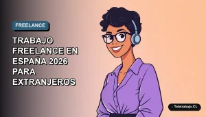 Ilustración vectorial plana de una mujer freelancer trabajando en España, estilo Corporativo Memphis, fondo degradado azul.