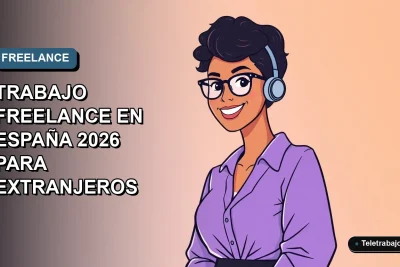 Ilustración vectorial plana de una mujer freelancer trabajando en España, estilo Corporativo Memphis, fondo degradado azul.