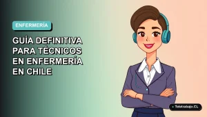 Ilustración plana de una técnica en enfermería chilena trabajando de forma remota como freelance en 2026, con fondo degradado azul verdoso.