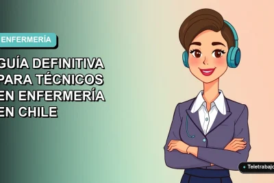 Ilustración plana de una técnica en enfermería chilena trabajando de forma remota como freelance en 2026, con fondo degradado azul verdoso.