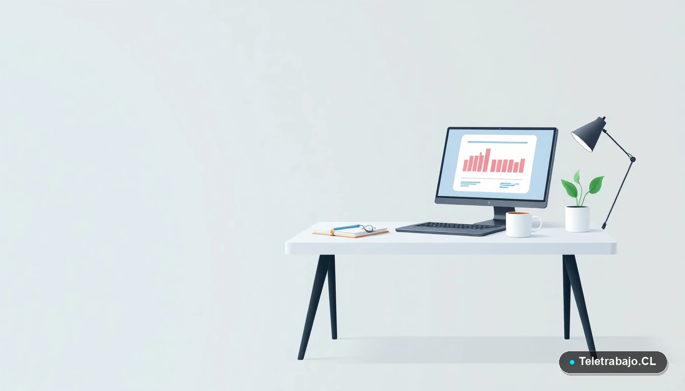 Escritorio moderno y minimalista para trabajo freelance, con laptop, planta y taza de café, ideal para técnicos en enfermería que trabajan de forma remota.
