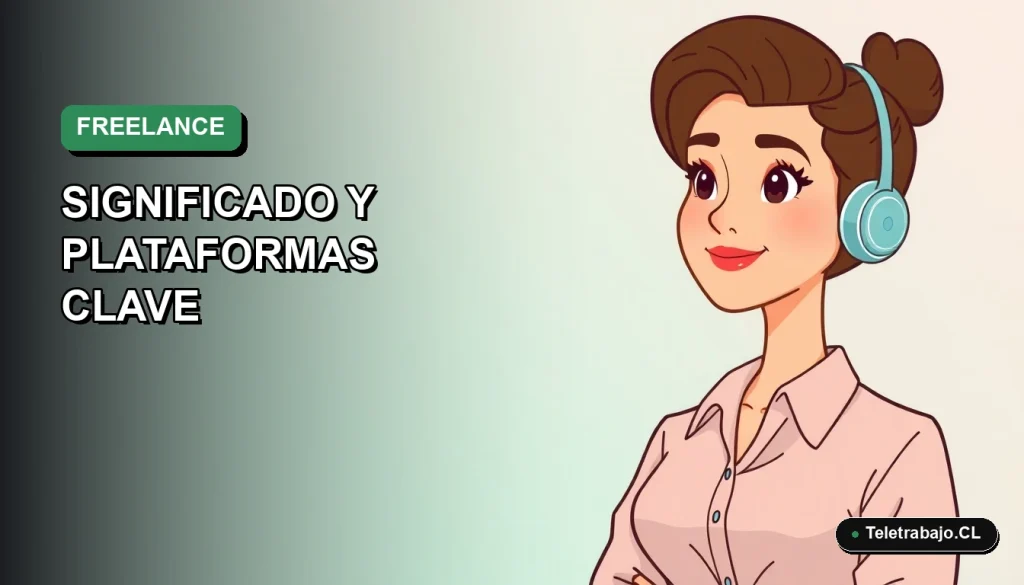 Ilustración vectorial plana de una mujer profesional freelance trabajando en su computador, con fondo degradado suave.