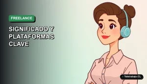 Ilustración vectorial plana de una mujer profesional freelance trabajando en su computador, con fondo degradado suave.