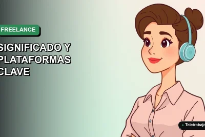 Ilustración vectorial plana de una mujer profesional freelance trabajando en su computador, con fondo degradado suave.