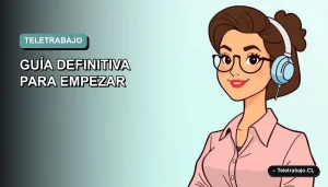 Ilustración plana corporativa de mujer profesional trabajando de forma remota en 2026, fondo degradado suave.