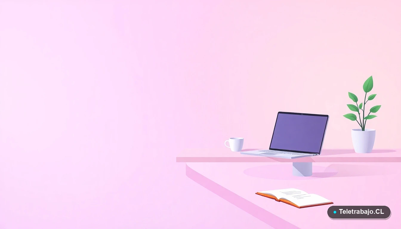 Escritorio moderno minimalista para trabajo remoto con laptop, cuaderno y planta, ilustración plana con fondo degradado lavanda.