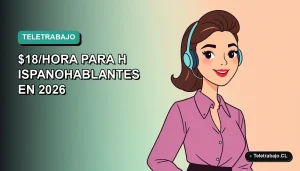 Ilustración vectorial plana de una mujer hispanohablante trabajando de forma remota en 2026, con fondo degradado azul verdoso.