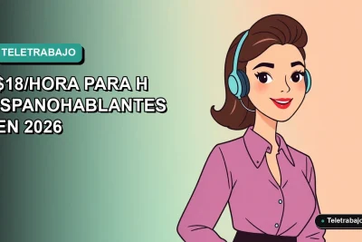 Ilustración vectorial plana de una mujer hispanohablante trabajando de forma remota en 2026, con fondo degradado azul verdoso.