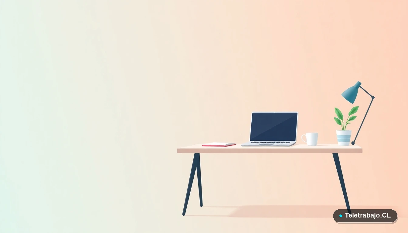 Escritorio moderno y minimalista para teletrabajo, con laptop y artículos de oficina, sobre un fondo degradado de color menta.