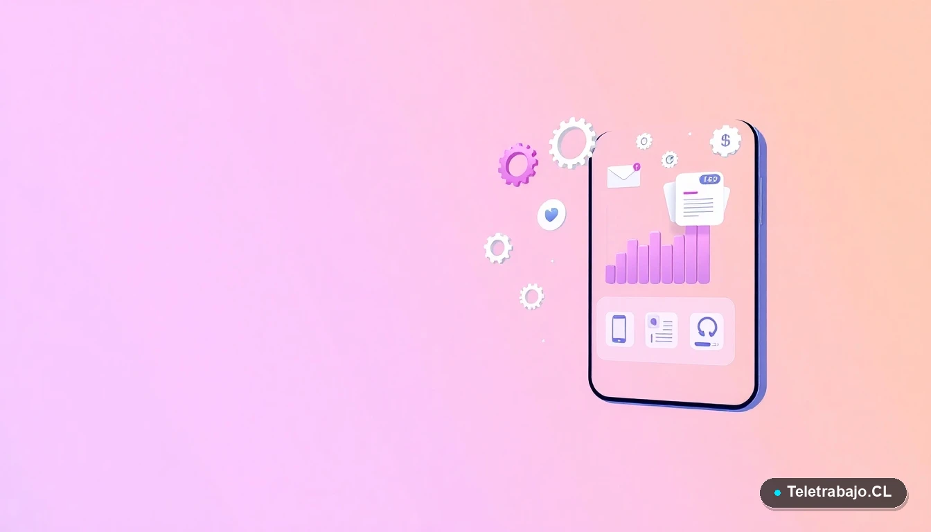 Elementos de interfaz de usuario abstractos y modernos, como gráficos y engranajes flotantes, representando el trabajo remoto tecnológico.