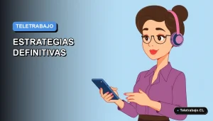 Ilustración plana vectorial de mujer profesional trabajando de forma remota con su celular en 2026, fondo degradado azul.