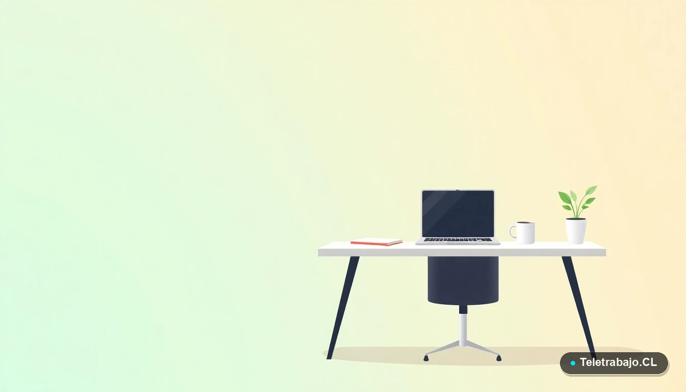 Escritorio moderno minimalista para teletrabajo con laptop, celular y café, ilustración plana con fondo degradado verde menta.