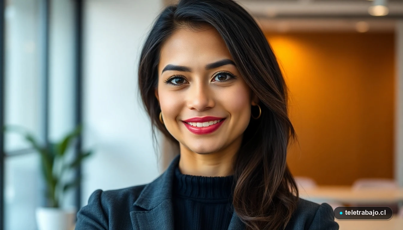 Retrato profesional de una mujer hispana sonriendo, representando el trabajo remoto con confianza y modernidad