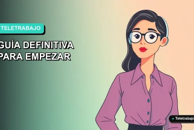 Ilustración vectorial plana de una mujer trabajando remotamente en su computador, con fondo degradado de color teal y menta.