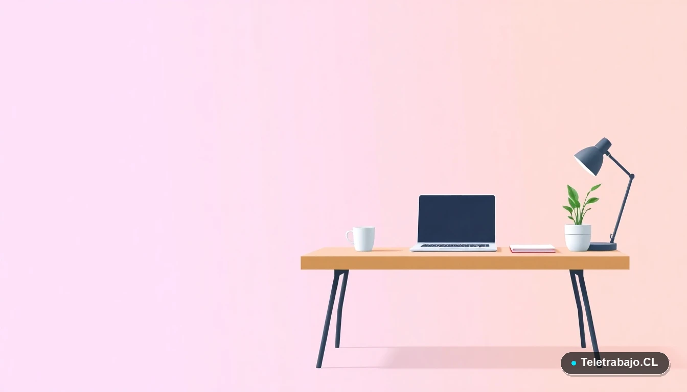 Ilustración de una estación de trabajo moderna y minimalista para teletrabajo, con laptop, cuaderno y planta, sobre fondo degradado lavanda y durazno.