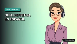 Ilustración plana corporativa de una mujer trabajando remotamente para Amazon, con fondo degradado azul verdoso.