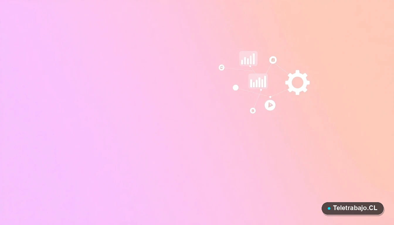 Elementos de interfaz de usuario abstractos y modernos, como gráficos y engranajes flotantes, sobre fondo degradado lila y durazno.