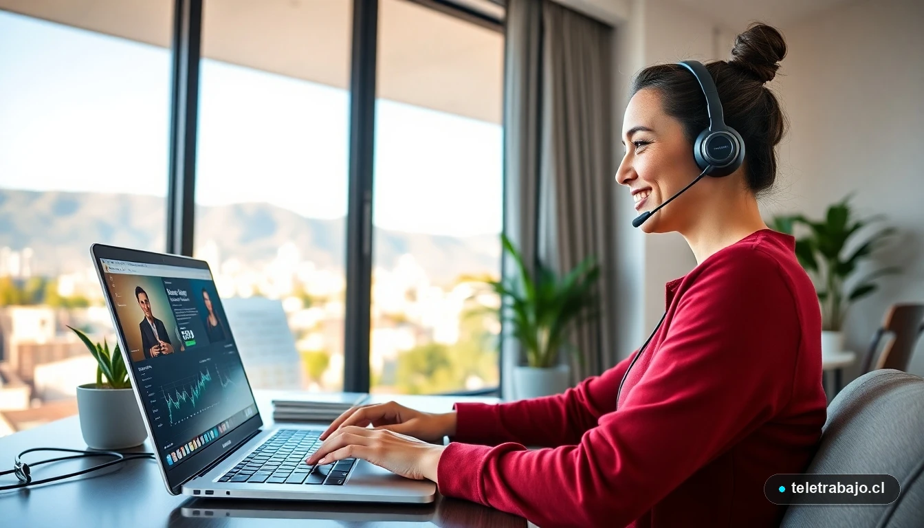 Mujer chilena trabajando de forma remota para Amazon desde su casa en Santiago, entorno profesional moderno
