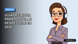 Ilustración vectorial plana de una mujer chilena trabajando remotamente para Amazon desde su casa, con fondo degradado azul y gris.