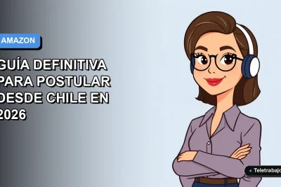Ilustración vectorial plana de una mujer chilena trabajando remotamente para Amazon desde su casa, con fondo degradado azul y gris.