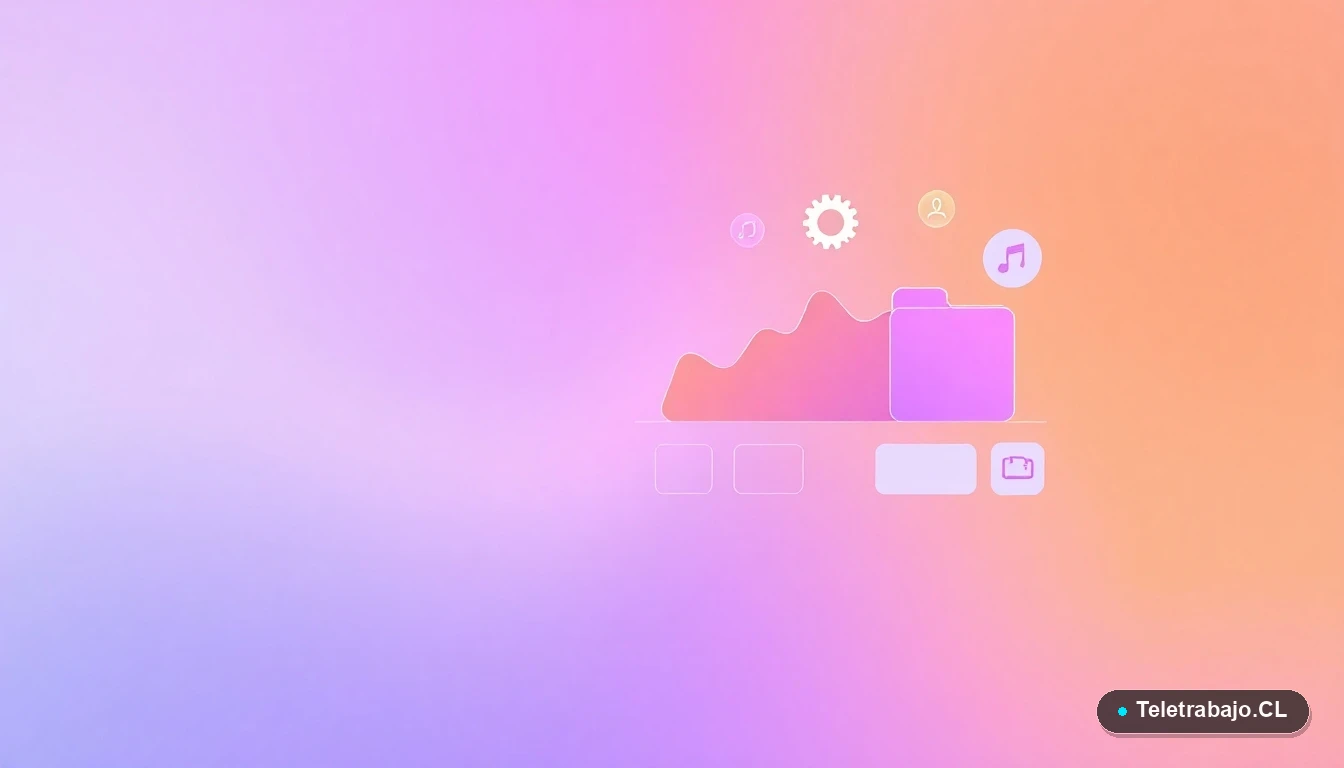 Elementos de interfaz de usuario abstractos y coloridos, como gráficos y engranajes, representando tecnología y trabajo remoto.