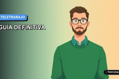 Ilustración plana de estilo Corporate Memphis de un hombre trabajando remotamente en Argentina, con fondo degradado azul y espacio negativo.