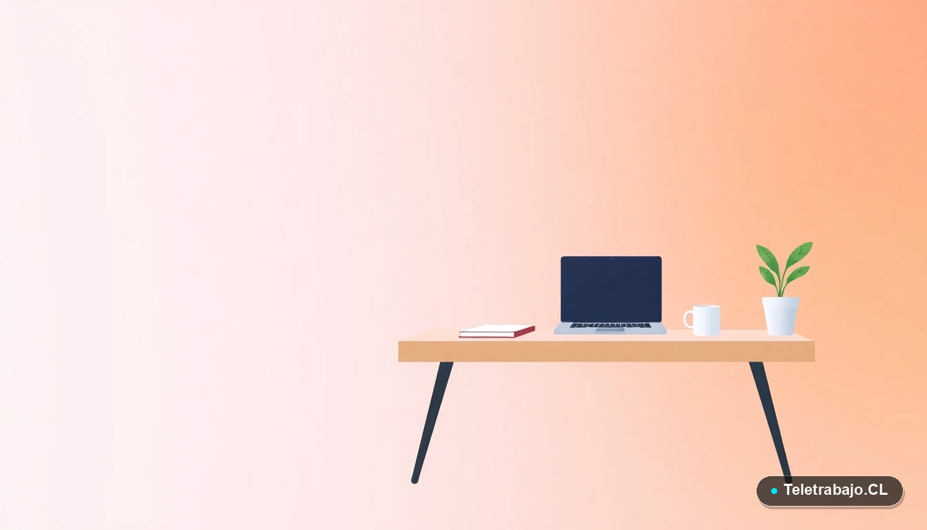 Escritorio moderno minimalista para trabajo remoto con laptop, café y planta, ilustración vectorial plana con fondo degradado.
