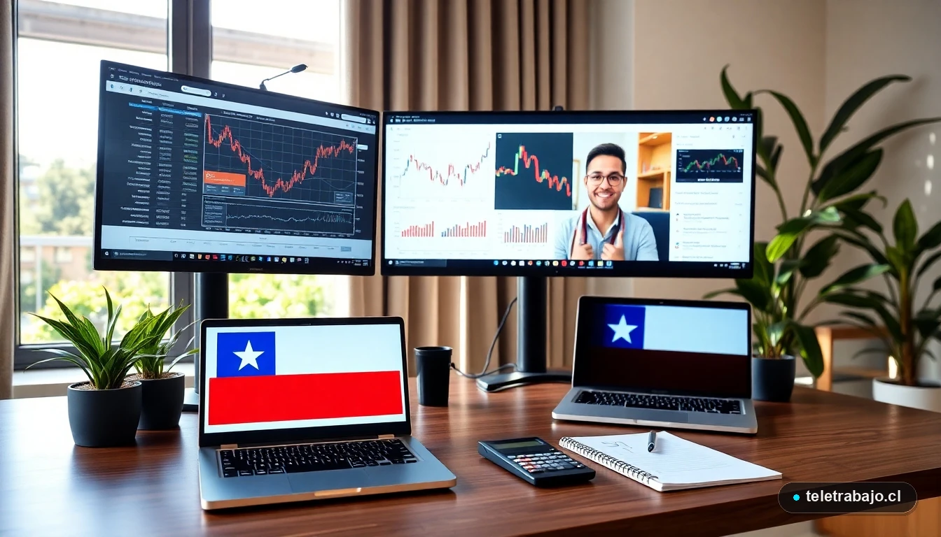 Home office moderno en Chile para trabajo remoto internacional con herramientas digitales y documentos de la DT y SII.