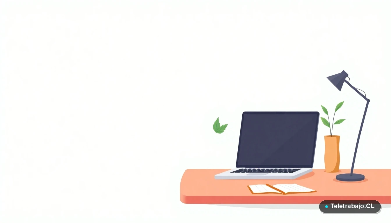 Escritorio moderno minimalista para teletrabajo, con laptop, café y planta, en estilo de ilustración vectorial plana. Fondo degradado color menta.