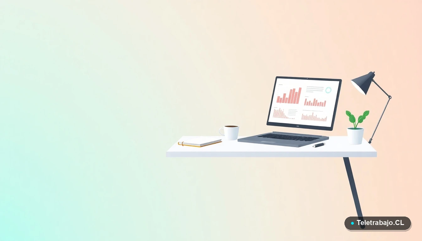 Escritorio moderno minimalista para trabajo remoto con laptop, taza de café y planta, sobre fondo degradado de colores fríos. Espacio de trabajo productivo.