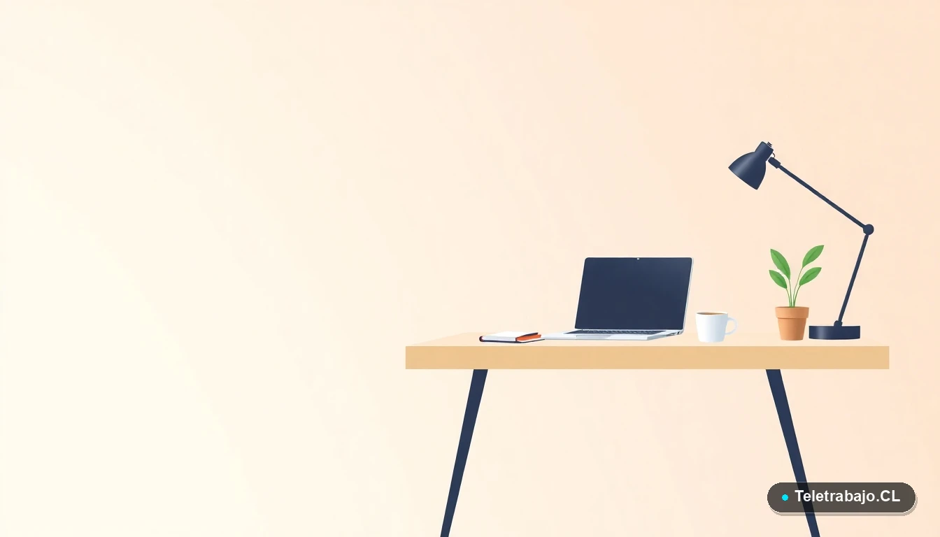 Escritorio moderno minimalista para teletrabajo con laptop, café y planta, ilustración plana con fondo degradado.